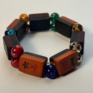Vintage Bakelite Bracelet Mahjong Tiles Glass Beads Stretch Bracelet